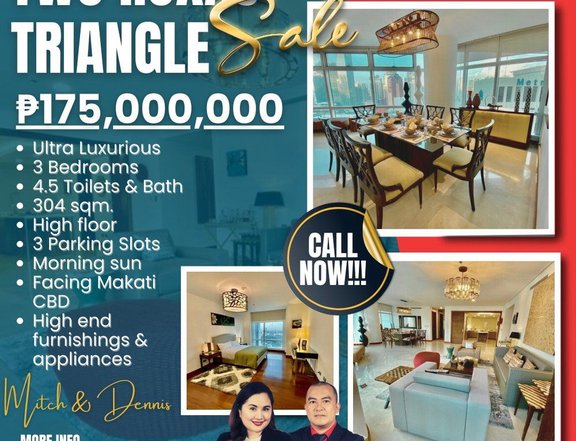 304 sqm. 3-Bedroom Luxury Condo For Sale in Two Roxas Triangle Makati