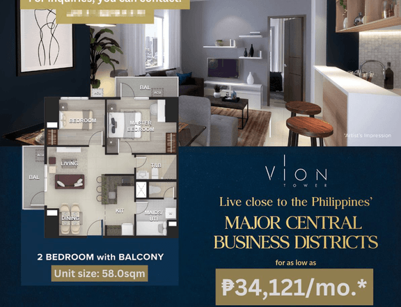 58.00 sqm 2-bedroom with balcony Condo For Sale in Makati Metro Manila
