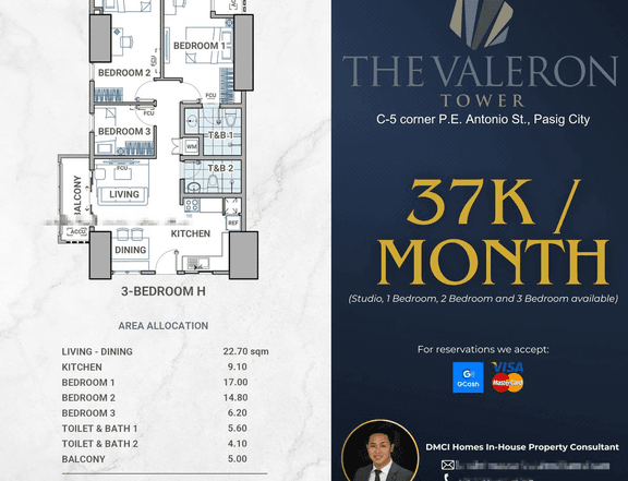 37K/MONTH Discounted 84.50 sqm 3-bedroom Condo For Sale in Pasig Metro Manila by DMCI