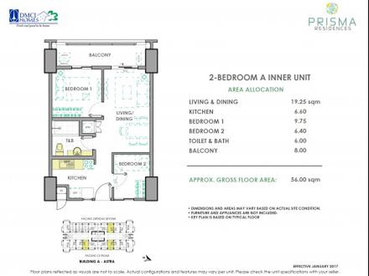 Spacious 56 sqm 2-Bedroom Residential Condo in Prisma Residences, Pasig City