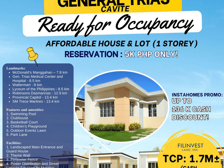 UP TO 136K CASH DISCOUNT- 5K php Reservation Fee Only- Affordable home RFO at Meridian General Trias