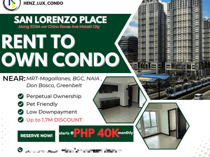 Corner unit Rent to Own 1 bedroom 2BR in Makati San Lorenzo Place near Greenbelt Don Bosco NAIA MRT