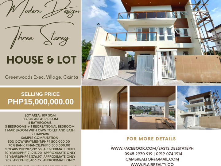 Modern Design Three Storey House and Lot in Greenwoods Exec. Vill.