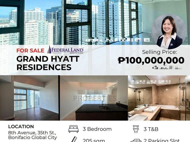 BGC Luxury For Sale in Grand Hyatt Residences Three Bedroom Corner Unit in Bonifacio Global City