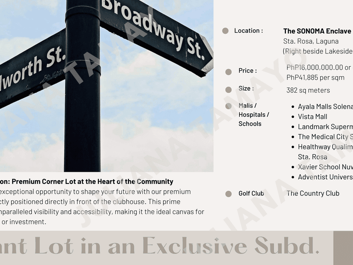 Resale: Premium Corner Lot at the SONOMA Enclave Sta. Rosa, Laguna (beside Lakeside, Nuvali)