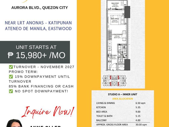 15k/mo Studio Condo in Quezon City near NCBA,LRT2 Katipunan, Ateneo