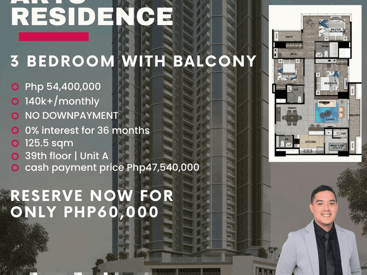 Pre-Selling Condo in Uptown Arts Residence BGC | 3 Bedroom unit with Balcony