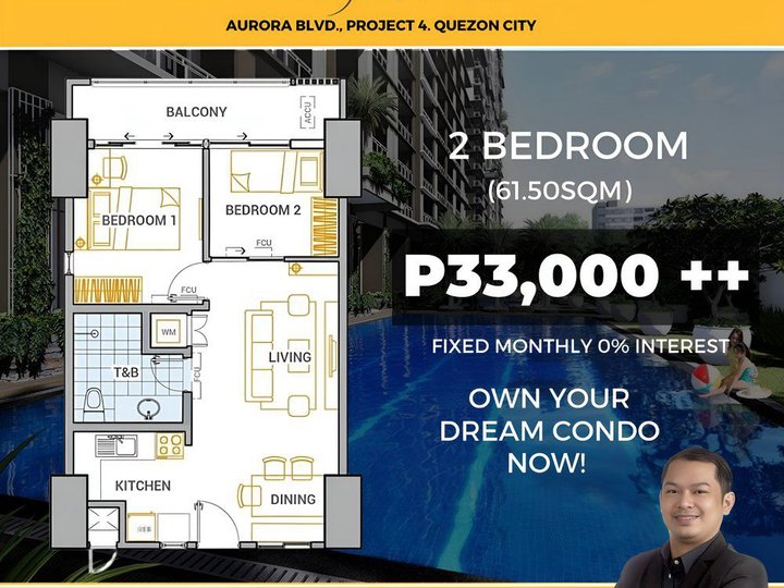 The Oriana 61.50sqm 2 Bedroom Residential condo for sale in Aurora Blvd. Quezon City