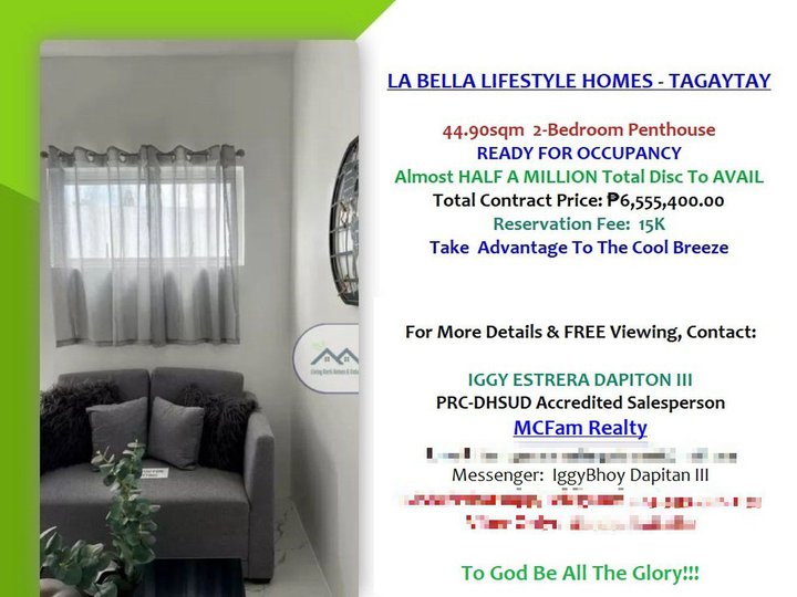 FOR SALE RFO 44.90sqm 2-BEDROOM PH LA BELLA LIFESTYLE HOMES TAGAYTAY