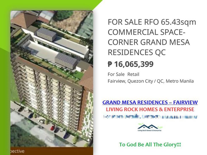 FOR SALE RFO 65.43sqm COMMERCIAL SPACE-CORNER GRAND MESA RESIDENCES QC