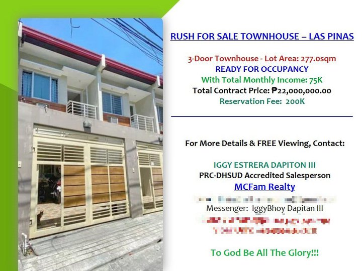 FOR SALE BY OWNER: RFO 3-DOOR TOWNHOUSE LAS PINAS CITY w/75K PER MONTH