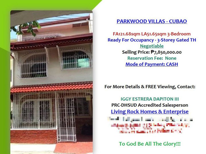 RUSH FOR SALE 3-BEDROOM 3-STOREY GATED TOWNHOUSE PARKWOOD VILLAS CUBAO