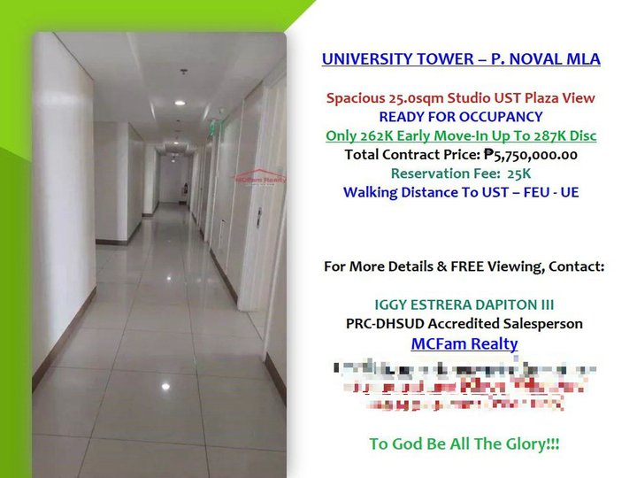 SPACIOUS RFO 25.0sqm STUDIO UNIT FOR SALE VERY NEAR TO UST FEU UE