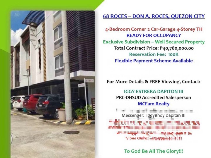 RFO 4-Bedroom 2-Car Garage 4-Storey Townhouse Quezon City 2.01M Disc