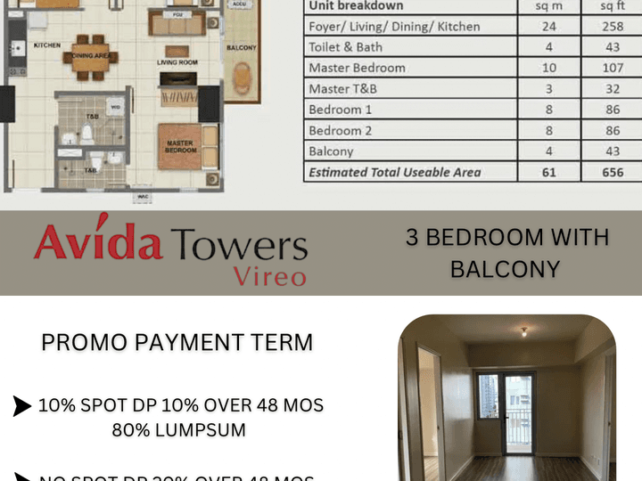 RFO 61 sqm 3-bedroom Condo For Sale in Arca South Taguig