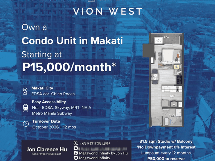 Pre-selling 31.50 sqm Studio Condo For Sale in Makati Vion West Tower