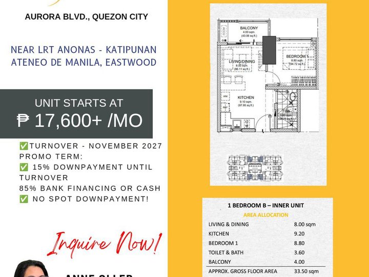 17k/mo 1BR Condo in Quezon City near NCBA,LRT2 Katipunan, Ateneo