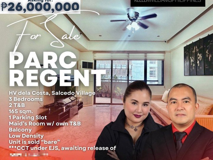 165.00 sqm 3-bedroom Condo For Sale in Parc Regent HV Dela Costa Salcedo Village near Makati Avenue