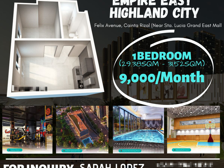 9,000 Monthly 31sqm 1Bedroom Pre-Selling Condo Sale in Cainta Rizal