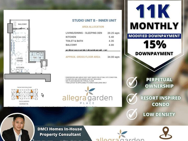 11K/month Studio 34.00 sqm |Allegra Garden Place Preselling in Pasig