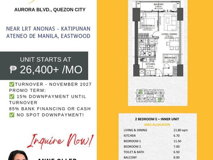 26k/mo 2BR 61sqm Condo in Quezon City near NCBA,LRT2 Katipunan,Ateneo