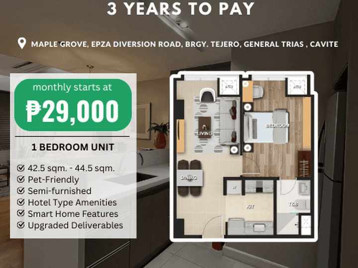 44.00 sqm 1-bedroom Condo For Sale in Cavite Economic Zone
