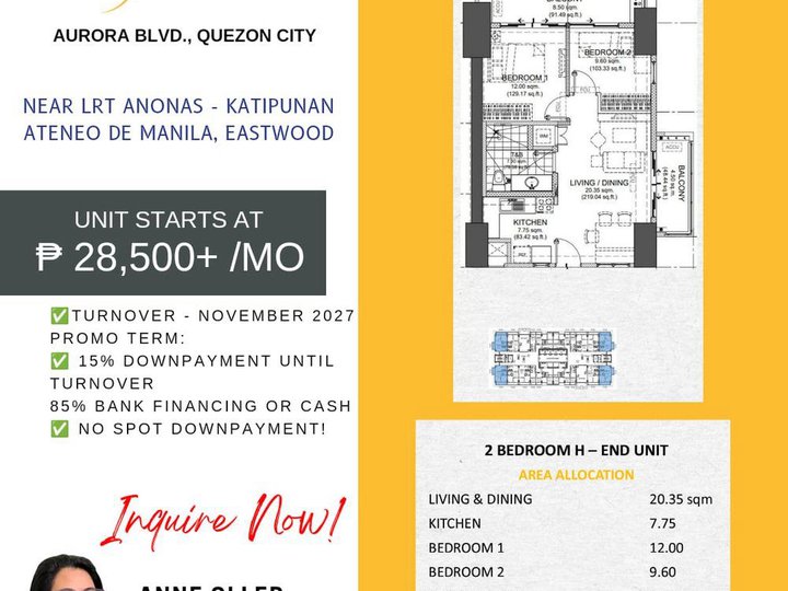 28k/mo 2BR 70sqm Condo in Quezon City near NCBA,LRT2 Katipunan, Ateneo