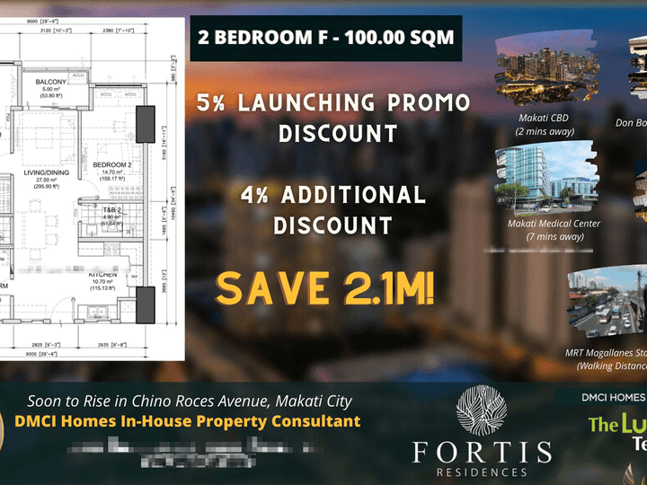 100.00 sqm 2-bedroom Exclusive Condo For Sale in Makati