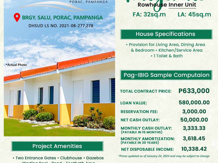 1-bedroom Rowhouse For Sale in Porac Pampanga