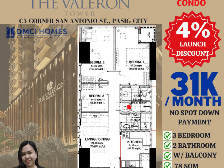 78.00 sqm 3-bedroom Condo For Sale in Pasig City Near BGC