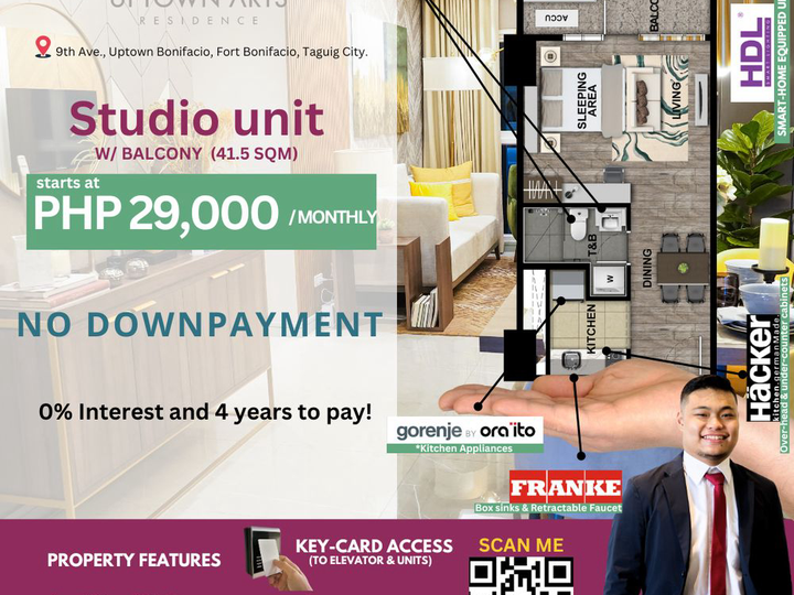 Pre-selling 41.50 sqm Studio Condo For Sale in Uptown Arts Residences