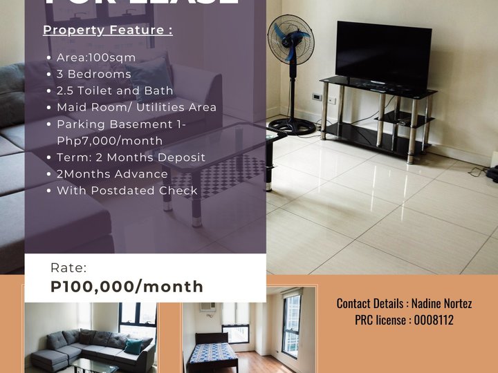 100.00 sqm 3-bedroom Condo For Rent in Ortigas Pasig Metro Manila