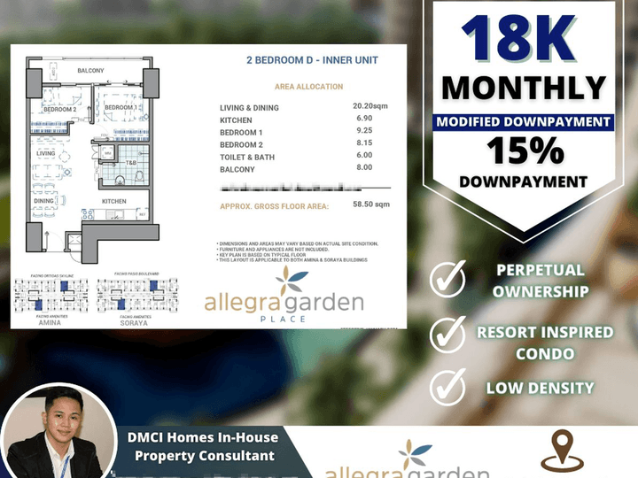 18K MONTHLY 2BR 58.50 sqm | Allegra Garden Place Preselling in Pasig