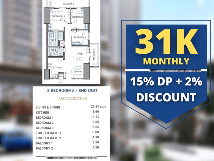 3BR (83 sqm) End Unit with 2 Balconies | Condo Near BGC and Ortigas