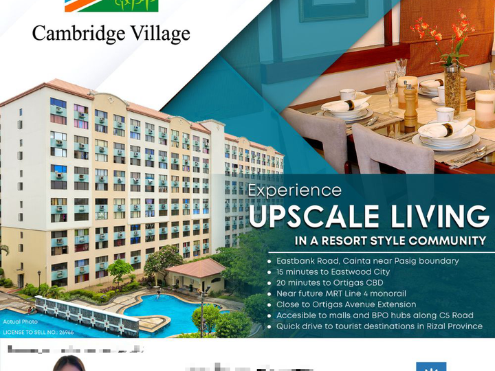 Pre owned unit 1 bedroom pwede sa Pag-ibig financing low down payment in Pasig Cainta for sale