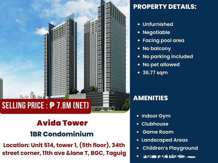 FOR SALE!! PROJECT: AVIDA TOWERS BGC 34TH STREET