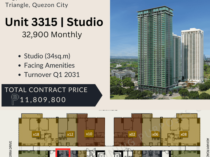 Orean Residences by Alveo land - 34.00 sqm Studio Condo For Sale in Quezon City / QC Metro Manila