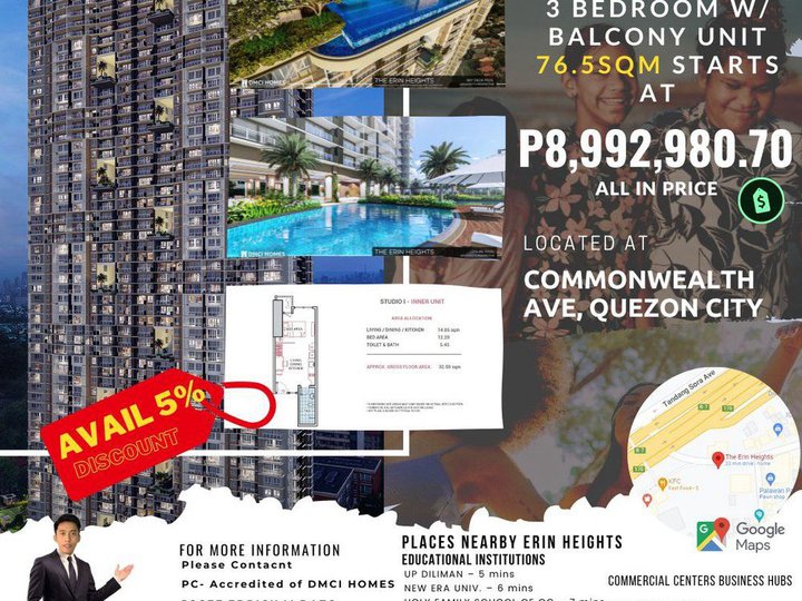 76.50 sqm 3-bedroom Condo For Sale in Commonwealth Quezon City / QC
