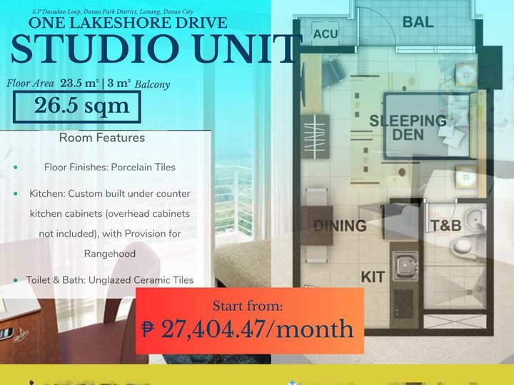 A 26.5 sqm Studio Unit type with own balcony in Davao City