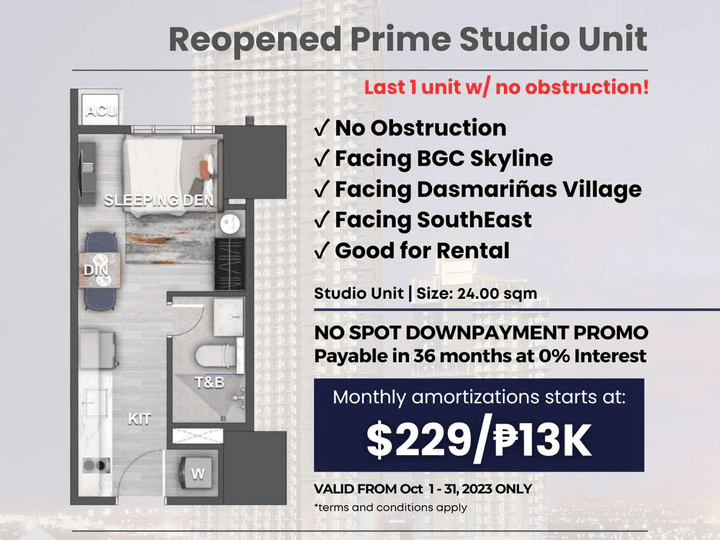 Prime Studio Unit in Makati w/ No Obstruction