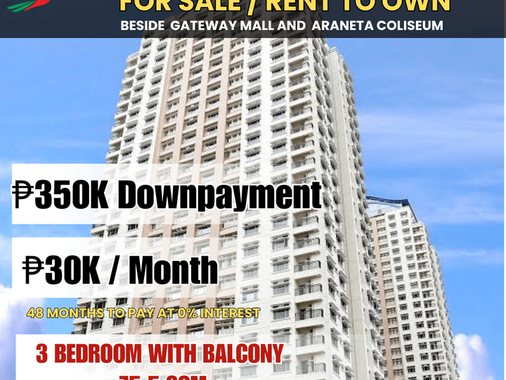 3 BR. 75.5 sqm. Manhattan Parkview | For sale/Rent to Own Condo in Araneta City beside Gateway Mall