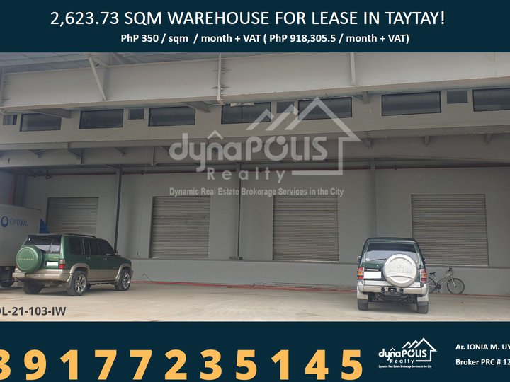 2623.73 sqm NON PEZA Warehouse with office in Taytay Area for Rent