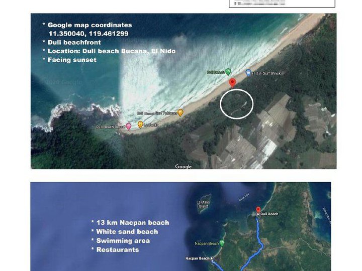 Duli Beach, El nido, Palawan Lot Area: 2 hectares / Titled property