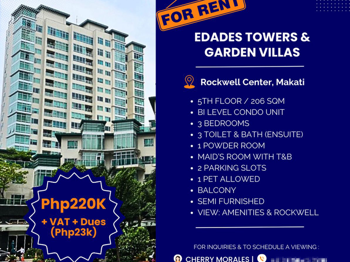 3-bedroom Condo Bi-Level 2 Parking Slots 206 sqm For Rent in Rockwell Makati Metro Manila