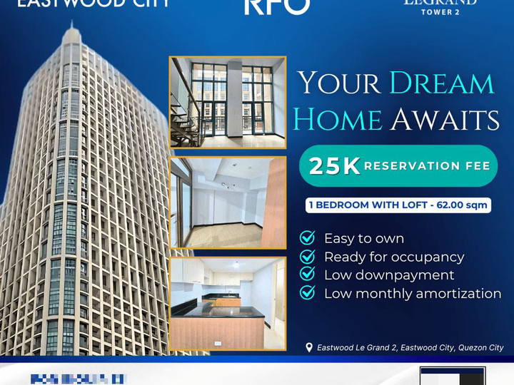 Ready For Occupancy 62.00 sqm 1-bedroom Residential Condo For Sale in Eastwood Quezon City