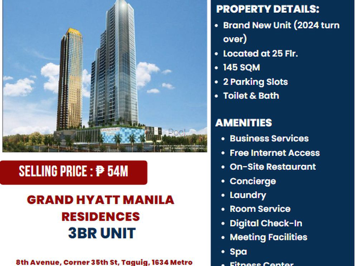 3BR penthouse in Grand Hyatt Manila with 2 parking spaces