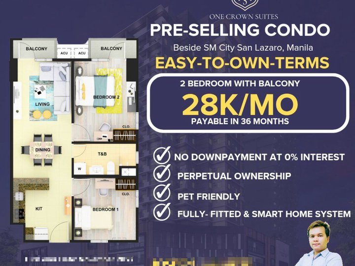 58.00 sqm 2-bedroom Residential Condo For Sale in Manila