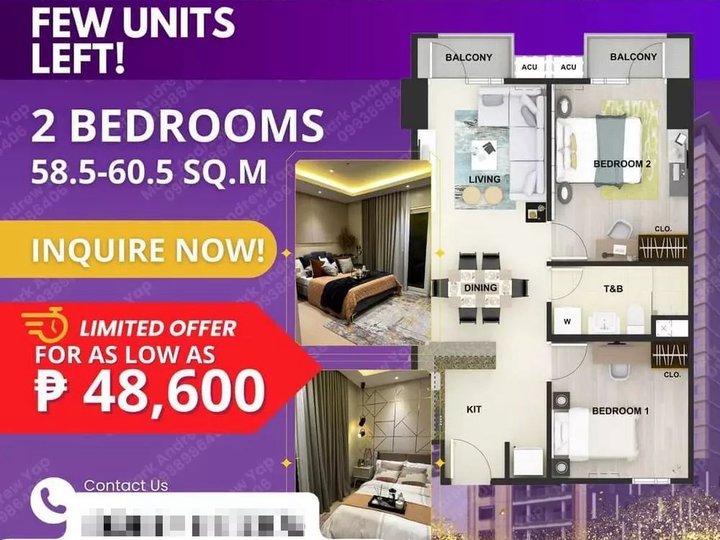 60.00 sqm 2-bedroom Condo For Sale in One Crown Suites Manila