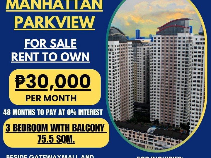 75.50 sqm 3-bedroom Condo For Sale beside Araneta Coliseum Rent to Own, Manhattan Parkview