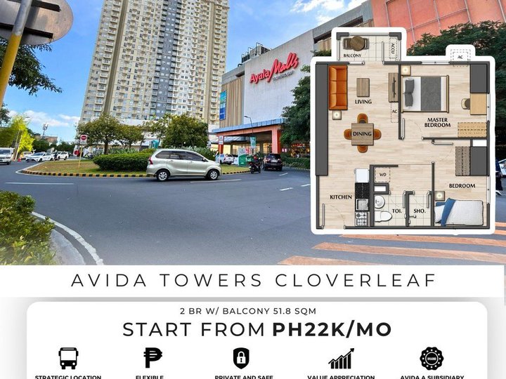 2 BR w/ Balcony Unit 51.8 SQM  For Sale in Avida Towers Clover Leaf